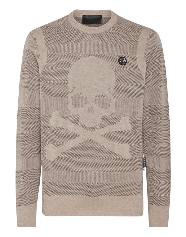 PHILIPP PLEIN Wool/Silk Pullover Round Neck LS Skull&Bones brown / beige