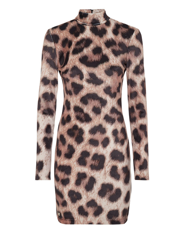 PHILIPP PLEIN Chenille Turtleneck Mini Dress Leopard leopard