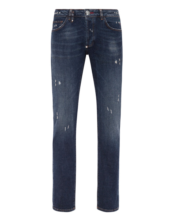 PHILIPP PLEIN Denim Trousers Super Straight Cut Fit Deep Ocean