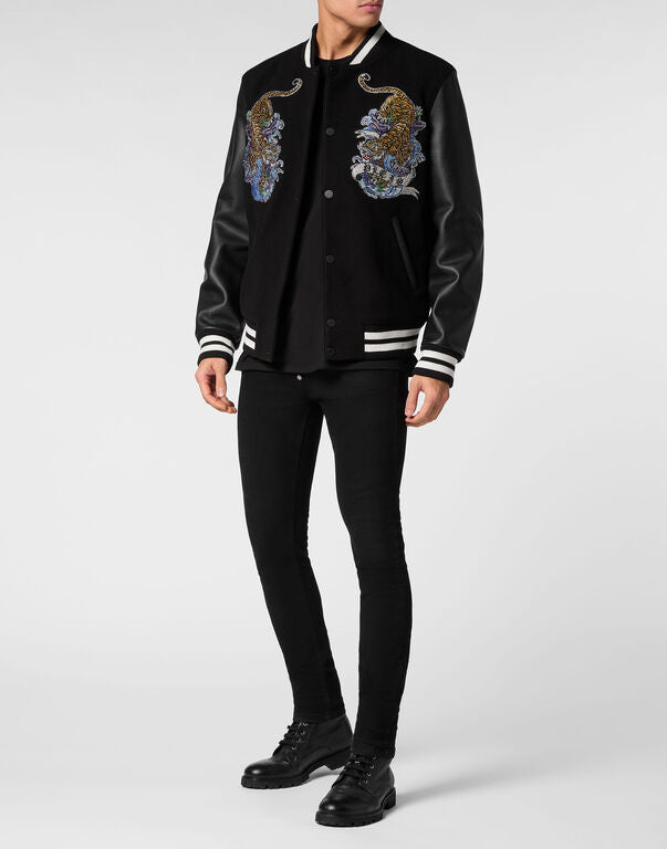 Philipp Plein|College Bomber with Woolen cloth base with stones Tattoo Men's Jacket