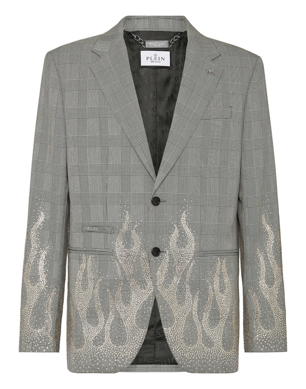 Philipp Plein English Check Blazer Strass Flame 灰色格紋水鑽火焰西裝外套 男款正面