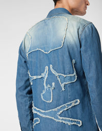 Philipp Plein｜Denim Shirt Long-Sleeve Skull&Bones Men's Denim Shirt