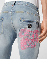 Philipp Plein｜Embroidered Denim Trousers Skinny Fit Skull Ice Cube Men's Jeans