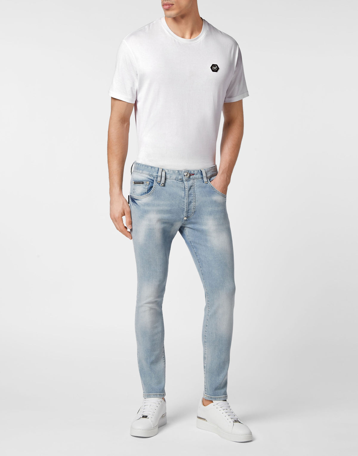Philipp Plein｜Embroidered Denim Trousers Skinny Fit Skull Ice Cube Men's Jeans