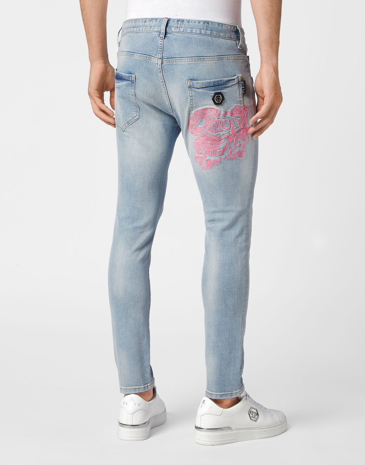 Philipp Plein｜Embroidered Denim Trousers Skinny Fit Skull Ice Cube Men's Jeans