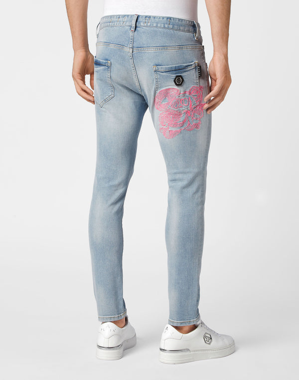 Philipp Plein｜Embroidered Denim Trousers Skinny Fit Skull Ice Cube Men's Jeans