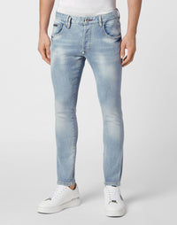Philipp Plein｜Embroidered Denim Trousers Skinny Fit Skull Ice Cube Men's Jeans