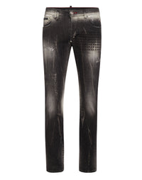 PHILIPP PLEIN Denim Trousers Super Straight Cut Fit Skull&Bones Amangiri Grey