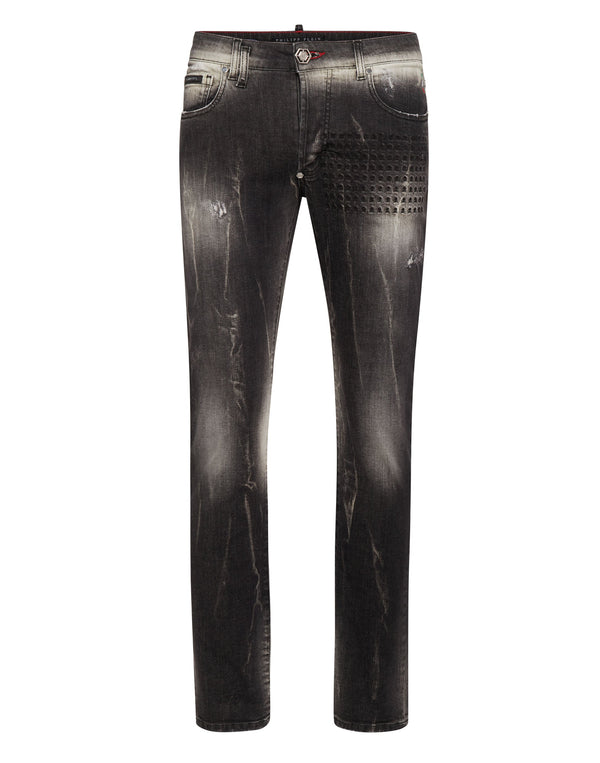PHILIPP PLEIN Denim Trousers Super Straight Cut Fit Skull&Bones Amangiri Grey