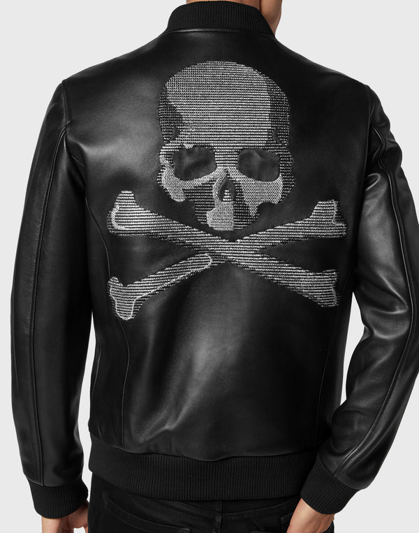 Philipp Plein｜Leather Bomber with Crystals Skull&Bones black Men's Jacket