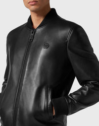 Philipp Plein｜Leather Bomber with Crystals Skull&Bones black Men's Jacket