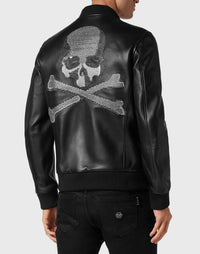 Philipp Plein｜Leather Bomber with Crystals Skull&Bones black Men's Jacket