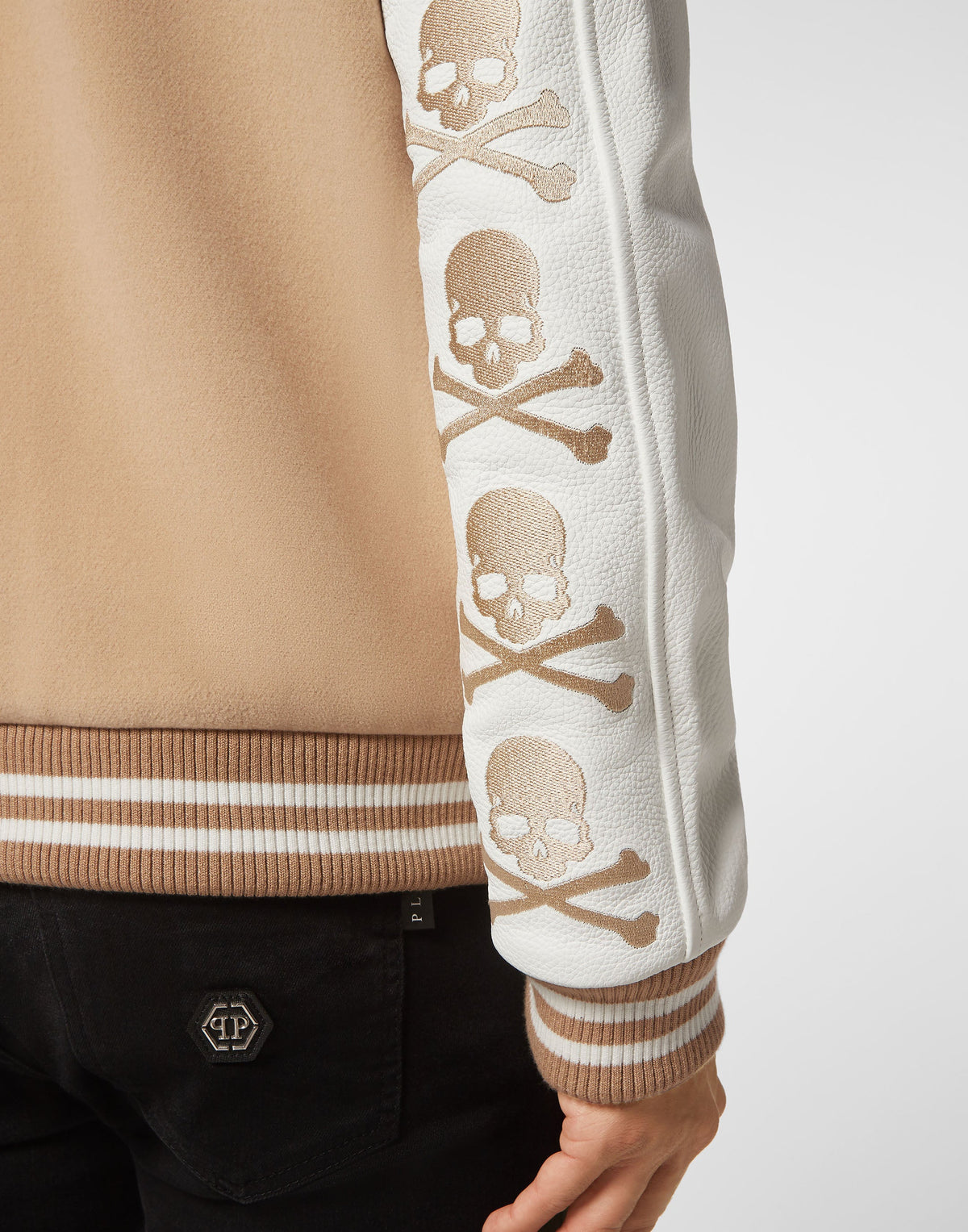 Philipp Plein｜Wool and Leather Bomber Skull&Bones beige / white Men's Jacket