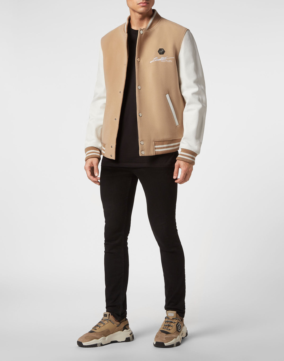Philipp Plein｜Wool and Leather Bomber Skull&Bones beige / white Men's Jacket