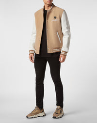 Philipp Plein｜Wool and Leather Bomber Skull&Bones beige / white Men's Jacket