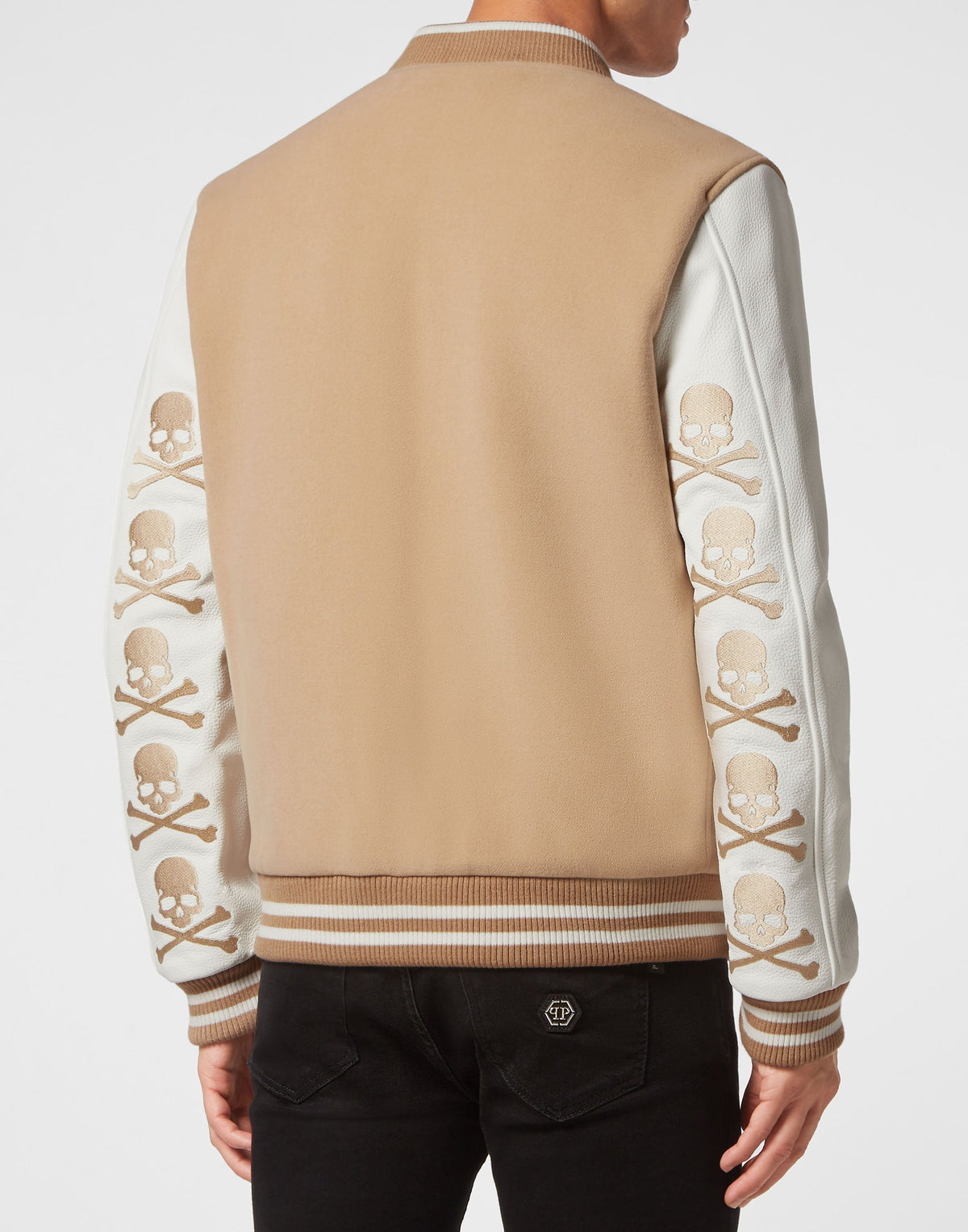 Philipp Plein｜Wool and Leather Bomber Skull&Bones beige / white Men's Jacket