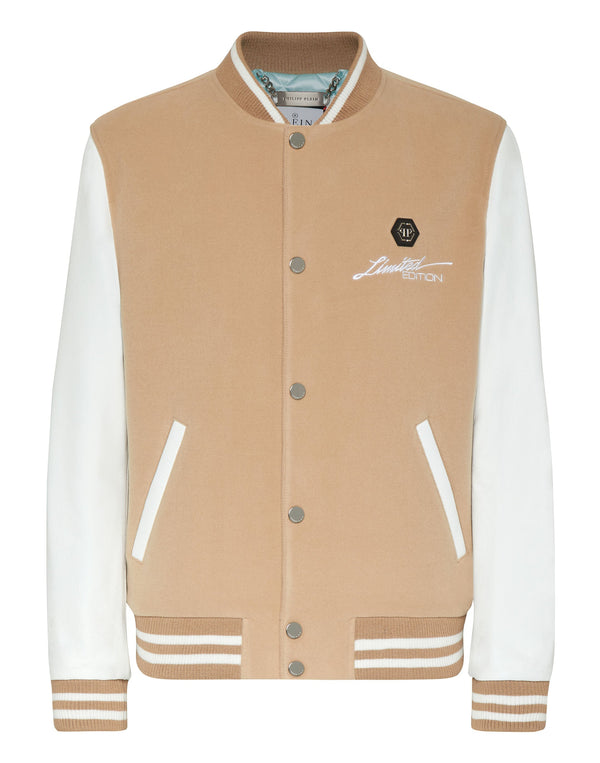 PHILIPP PLEIN Wool and Leather Bomber Skull&Bones beige / white