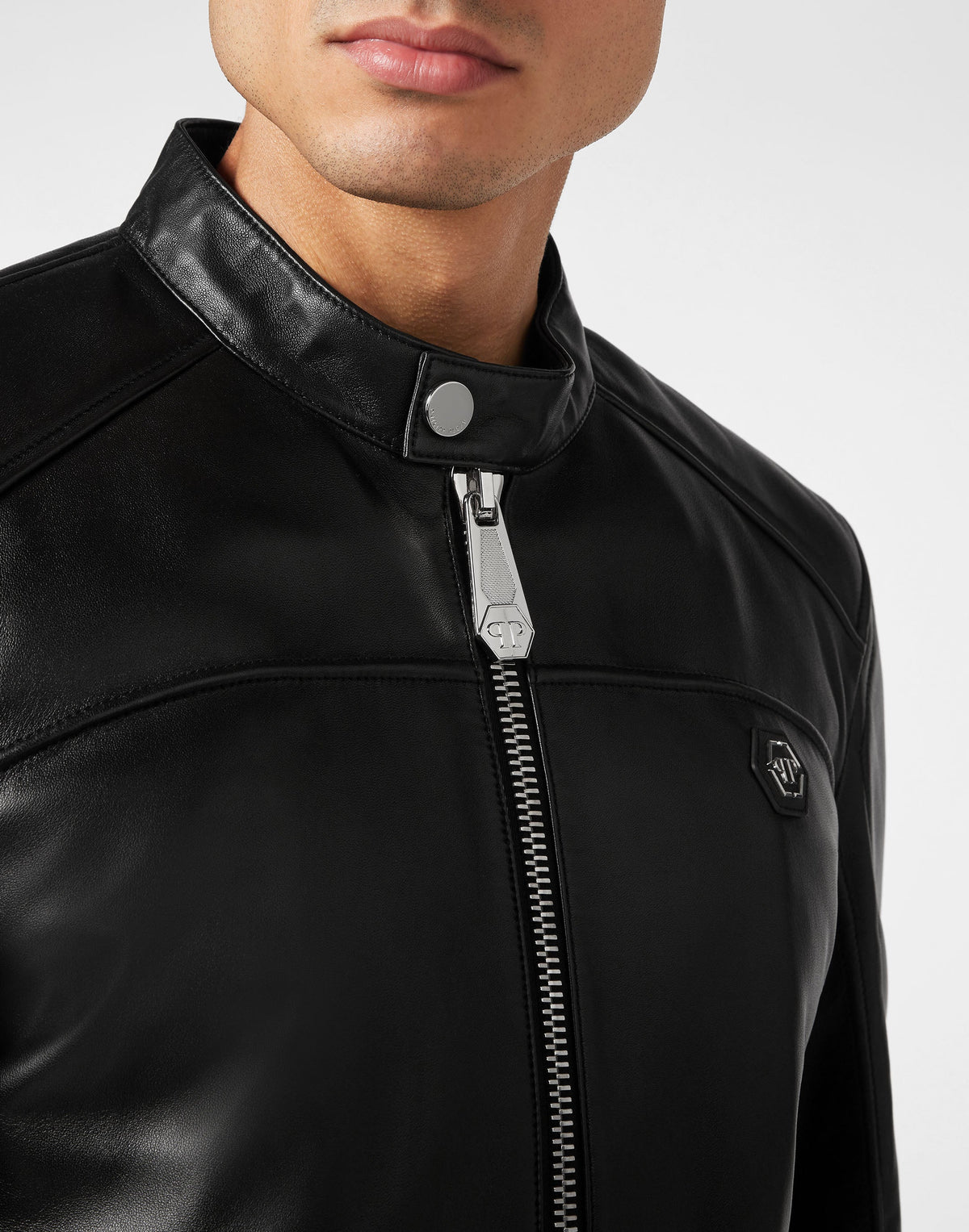 Philipp Plein｜Padded Leather Biker Jacket black Men's Biker Jacket
