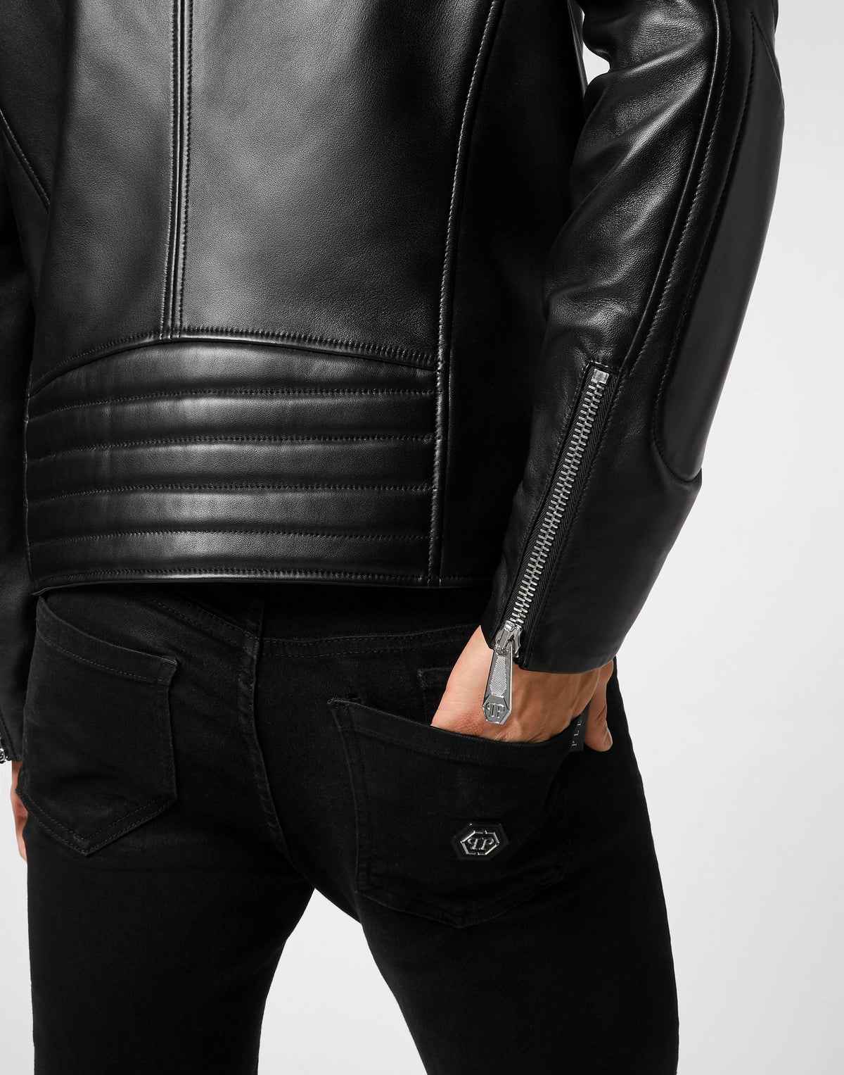 Philipp Plein｜Padded Leather Biker Jacket black Men's Biker Jacket