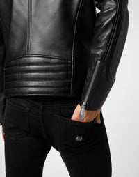 Philipp Plein｜Padded Leather Biker Jacket black Men's Biker Jacket