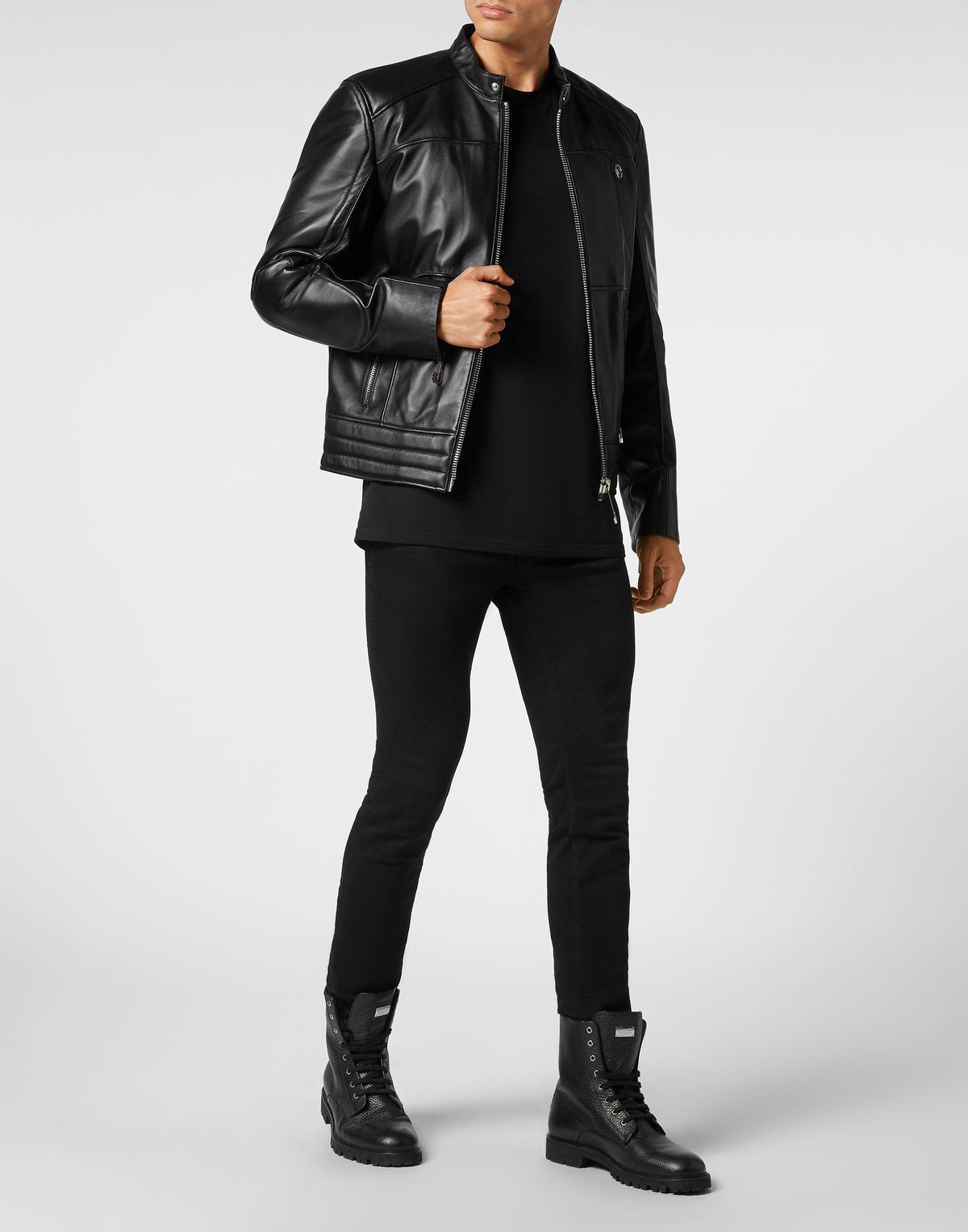 Philipp Plein｜Padded Leather Biker Jacket black Men's Biker Jacket