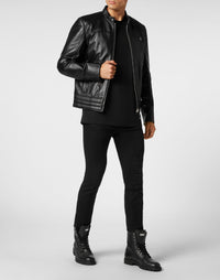 Philipp Plein｜Padded Leather Biker Jacket black Men's Biker Jacket