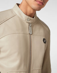 Philipp Plein｜Padded Leather Biker Jacket beige Men's Biker Jacket