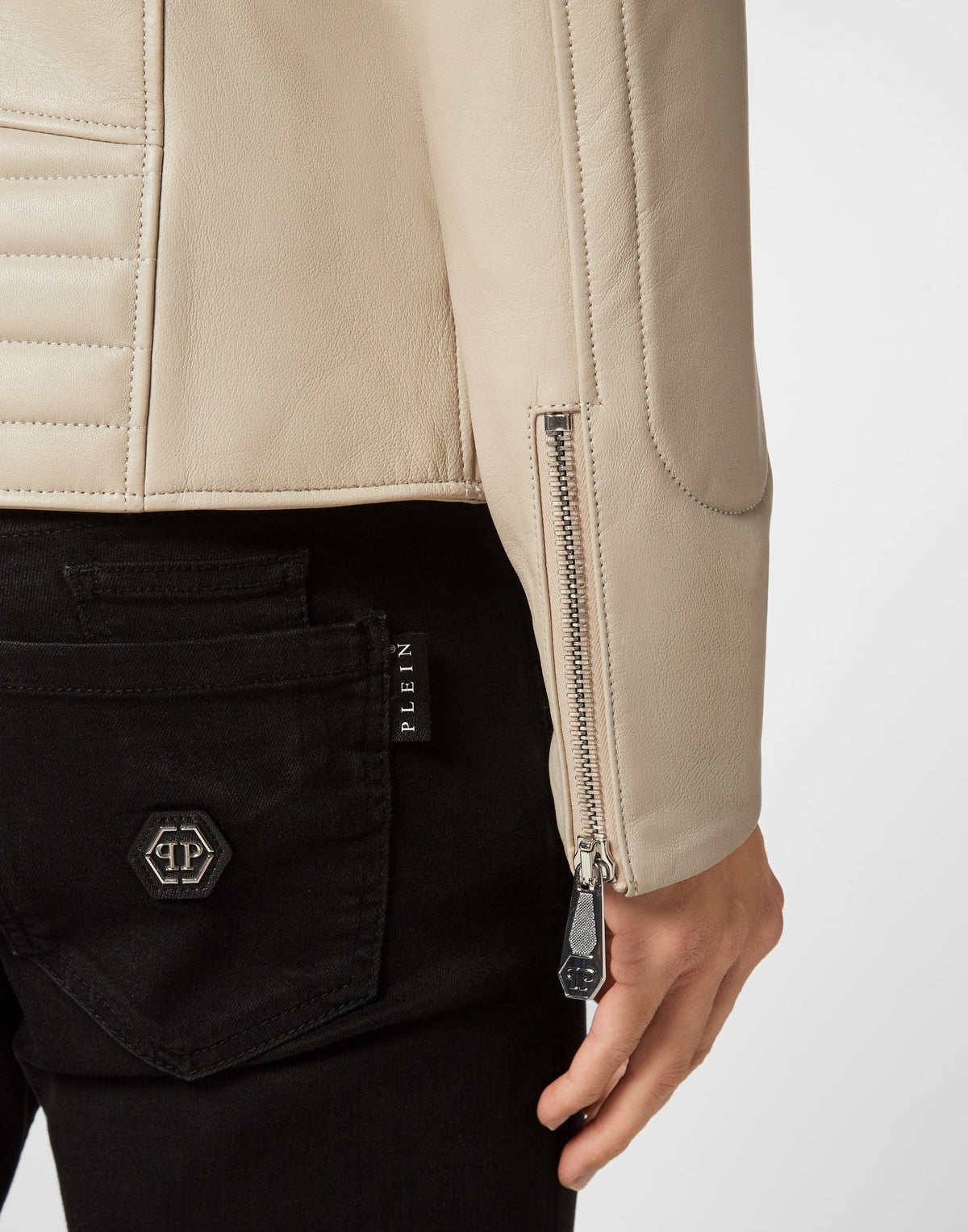 Philipp Plein｜Padded Leather Biker Jacket beige Men's Biker Jacket