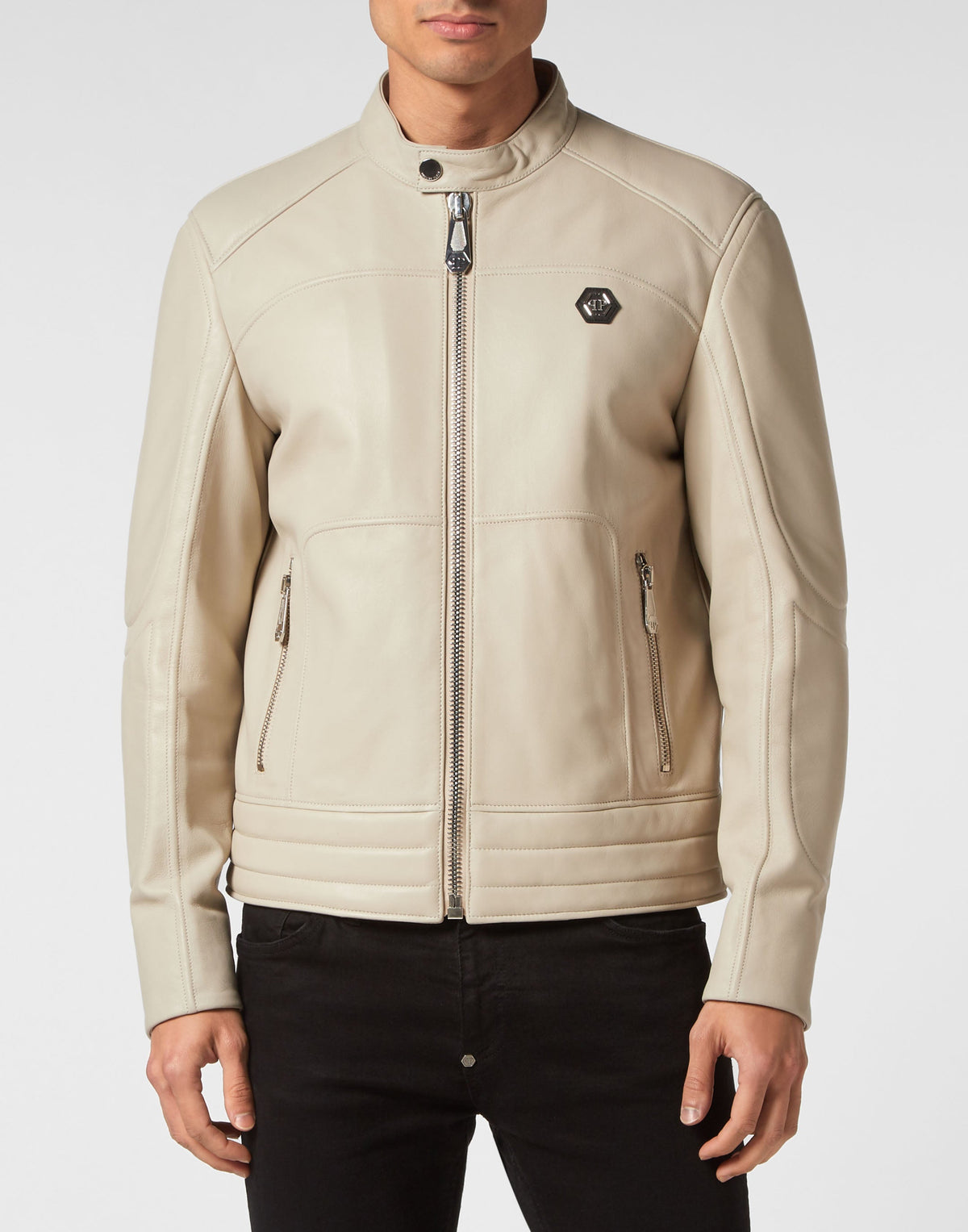 Philipp Plein｜Padded Leather Biker Jacket beige Men's Biker Jacket