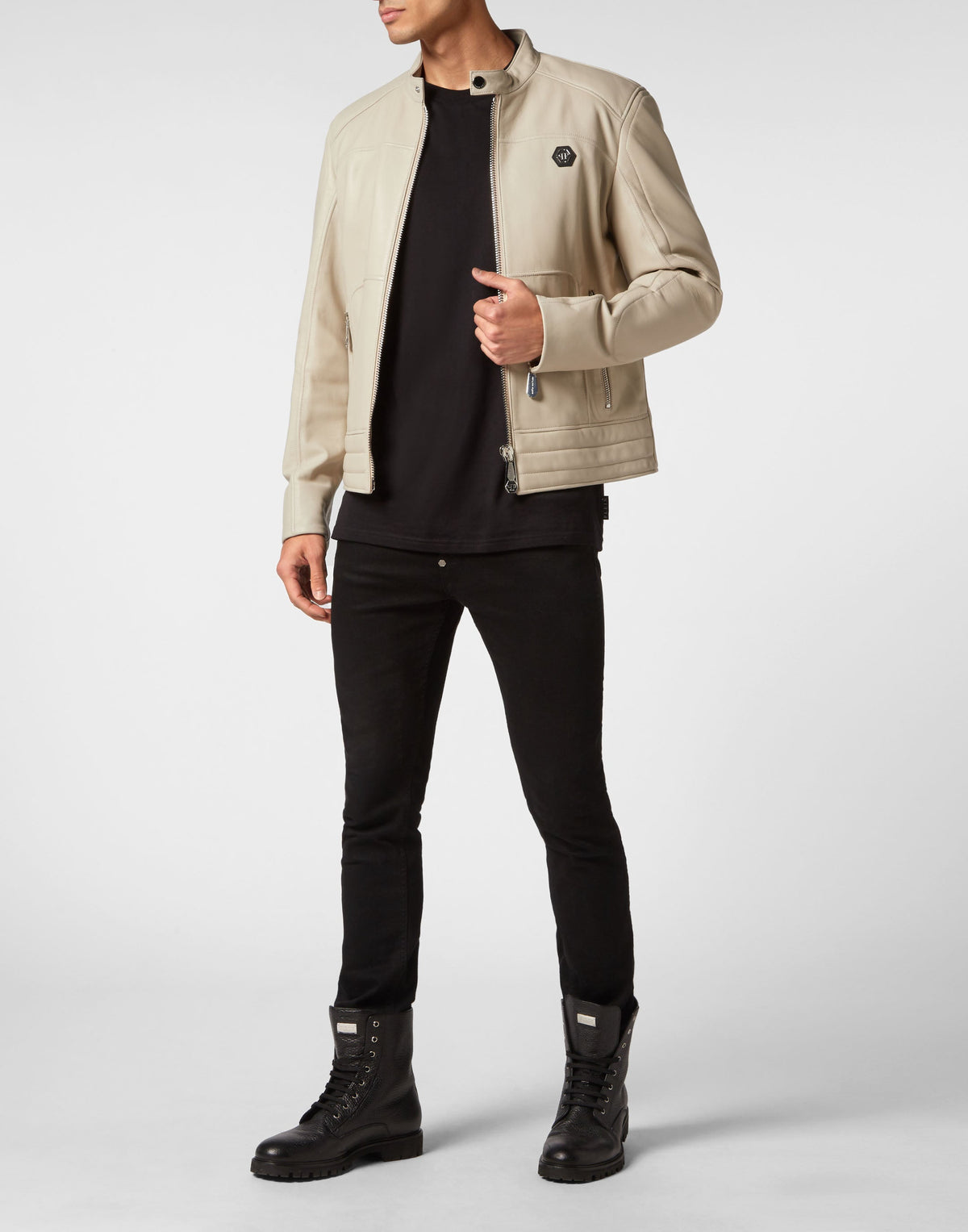 Philipp Plein｜Padded Leather Biker Jacket beige Men's Biker Jacket