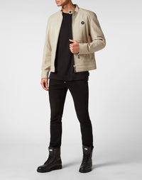 Philipp Plein｜Padded Leather Biker Jacket beige Men's Biker Jacket