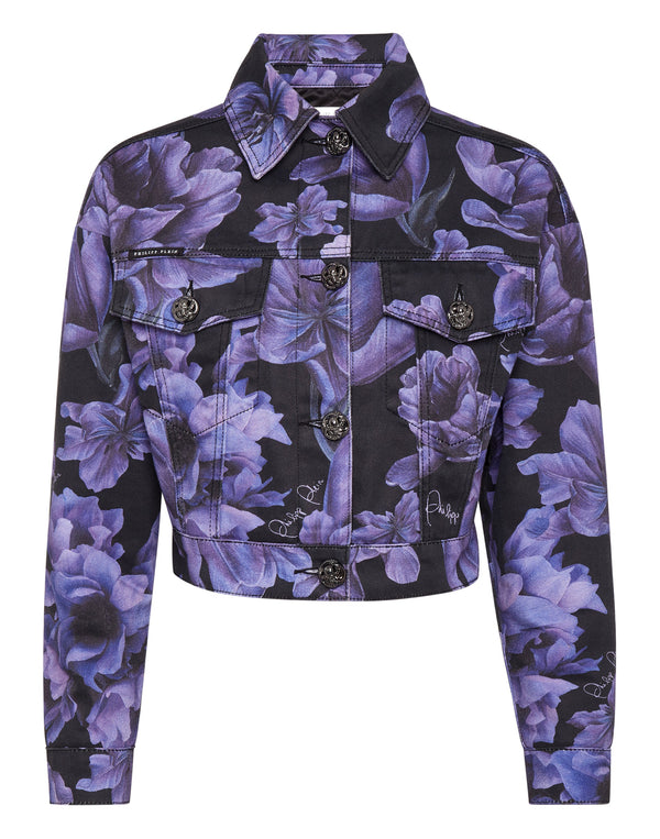 PHILIPP PLEIN Cropped Denim Jacket Paisley Flowers black