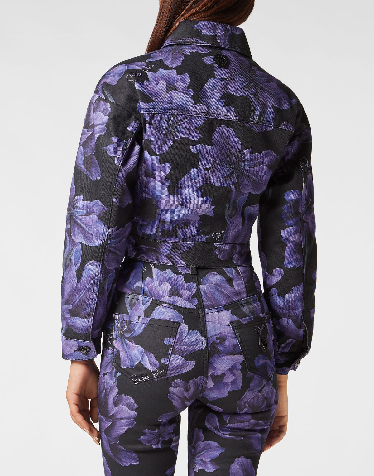 Philipp Plein｜Cropped Denim Jacket Paisley Flowers black Women's Denim Jacket
