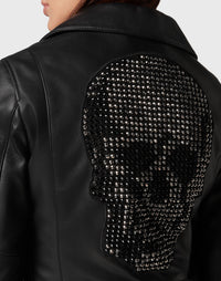 Philipp Plein｜Leather Boxy Biker Jacket with Crystals black Women's Biker Jacket