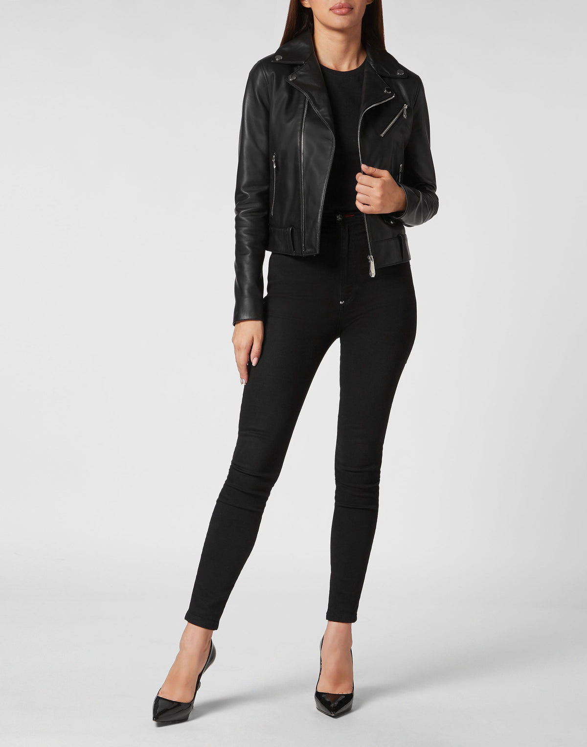 Philipp Plein｜Leather Boxy Biker Jacket with Crystals black Women's Biker Jacket