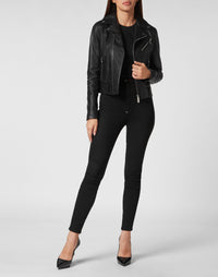 Philipp Plein｜Leather Boxy Biker Jacket with Crystals black Women's Biker Jacket
