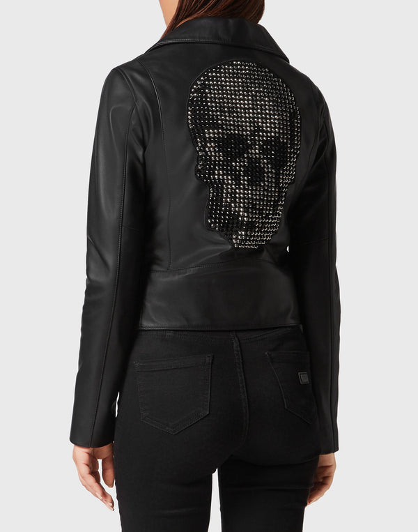 Philipp Plein｜Leather Boxy Biker Jacket with Crystals black Women's Biker Jacket