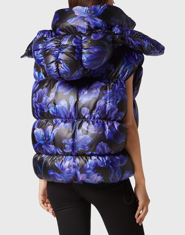 Philipp Plein｜Nylon Down Jacket Vest Flowers black Women's Jacket