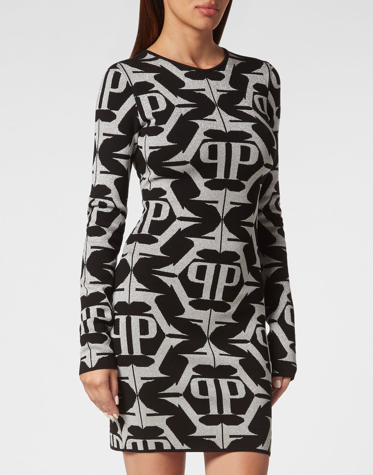 Philipp Plein｜Viscose & Lurex Mini Dress Hexagon black Women's Dress