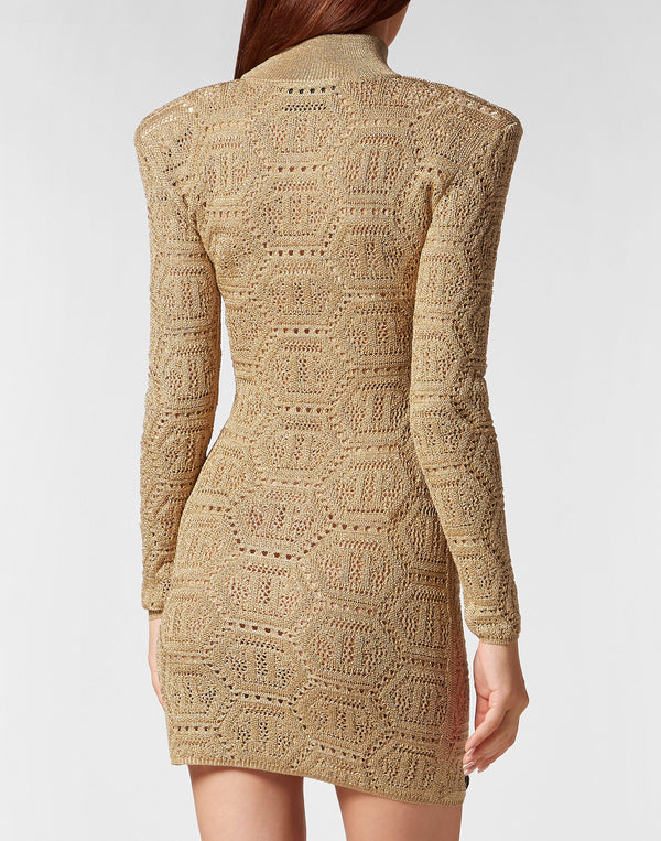 Philipp Plein｜Lurex Padded Shoulder Mini Dress Hexagon gold Women's Dress