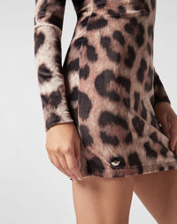 Philipp Plein｜Chenille Turtleneck Mini Dress Leopard leopard Women's Dress