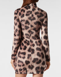 Philipp Plein｜Chenille Turtleneck Mini Dress Leopard leopard Women's Dress