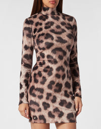 Philipp Plein｜Chenille Turtleneck Mini Dress Leopard leopard Women's Dress