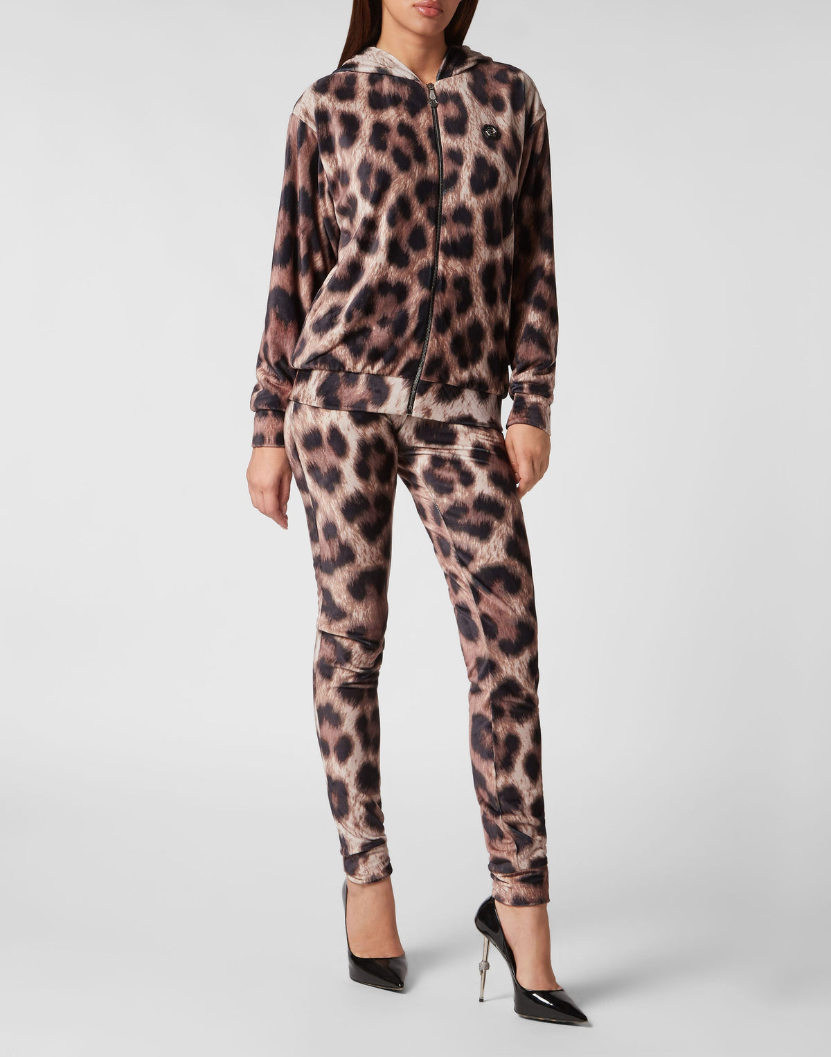 Philipp Plein｜Chenille Tracksuit: Hoodie Sweatjacket/Trousers Leopard Women's Tracksuit