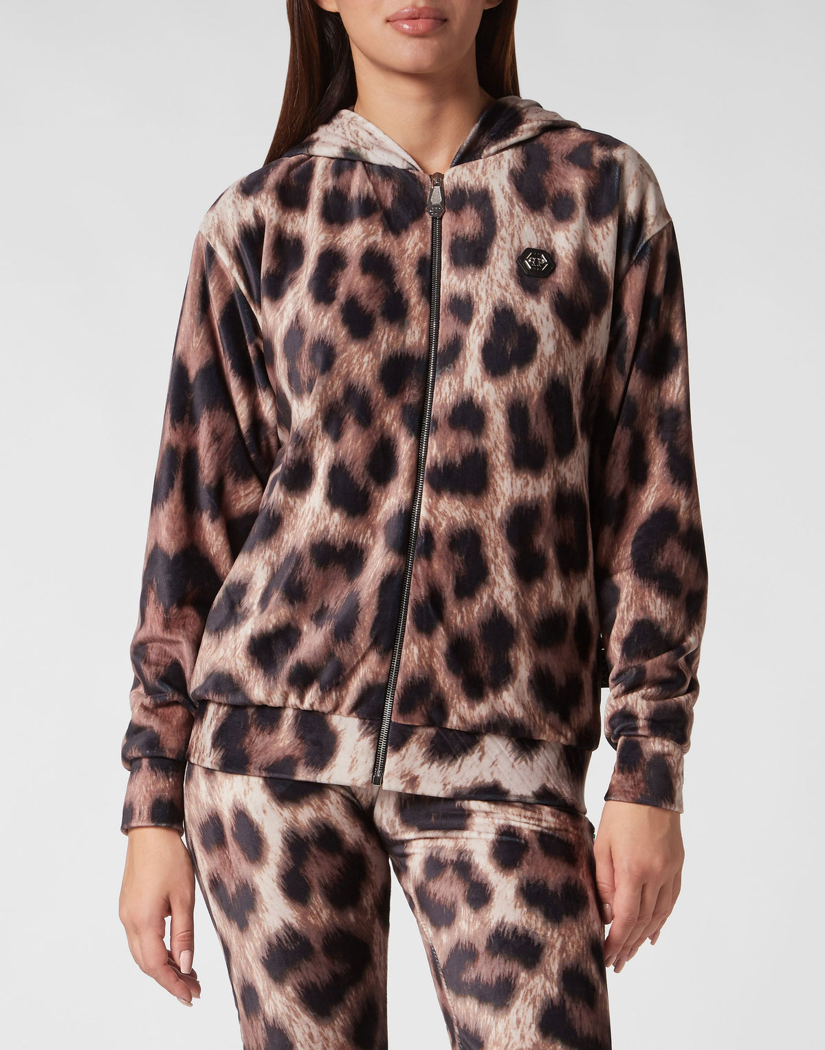 Philipp Plein｜Chenille Tracksuit: Hoodie Sweatjacket/Trousers Leopard Women's Tracksuit