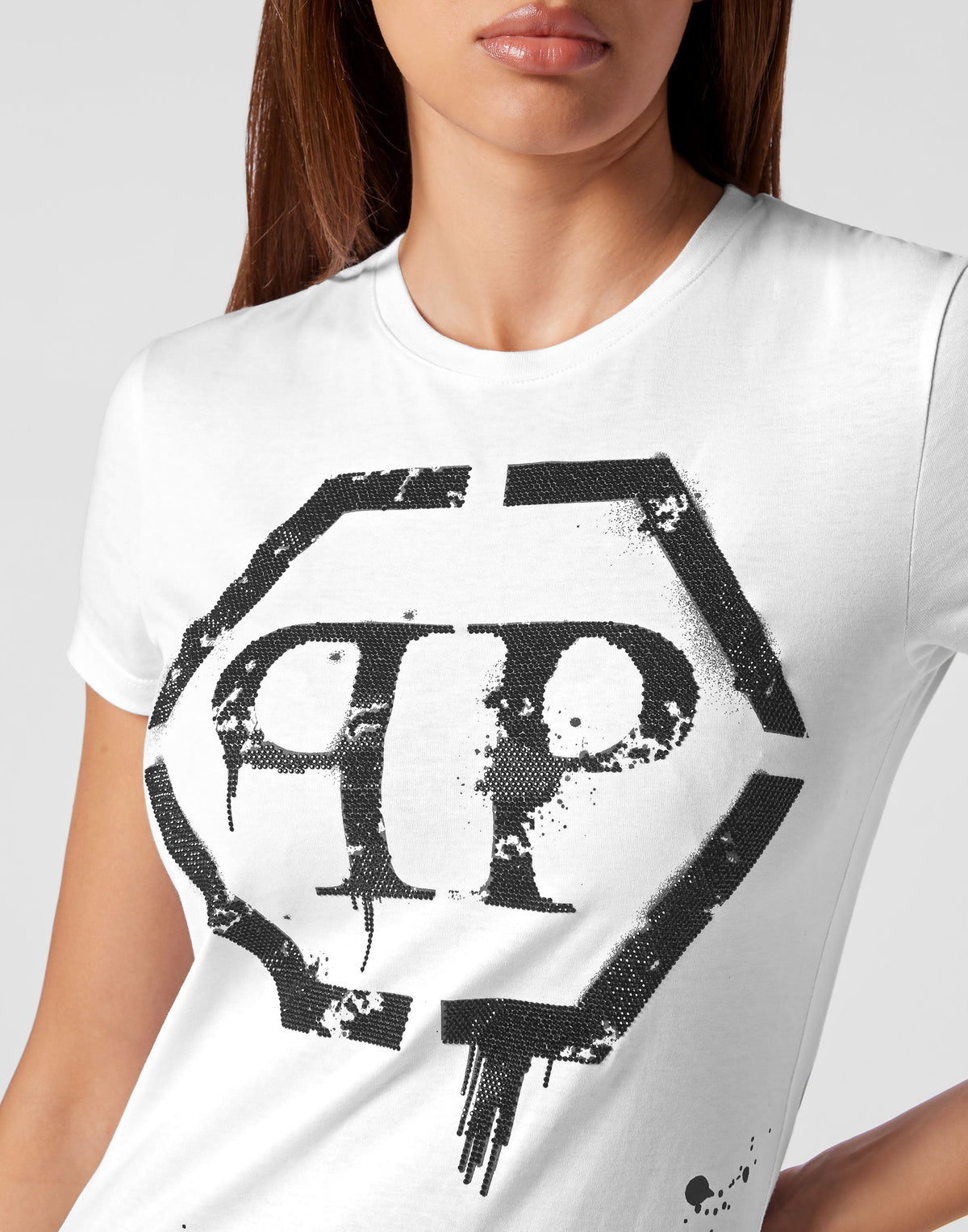 Philipp Plein｜T-shirt Round Neck Sexy Pure Fit Hexagon white Women's T-Shirt