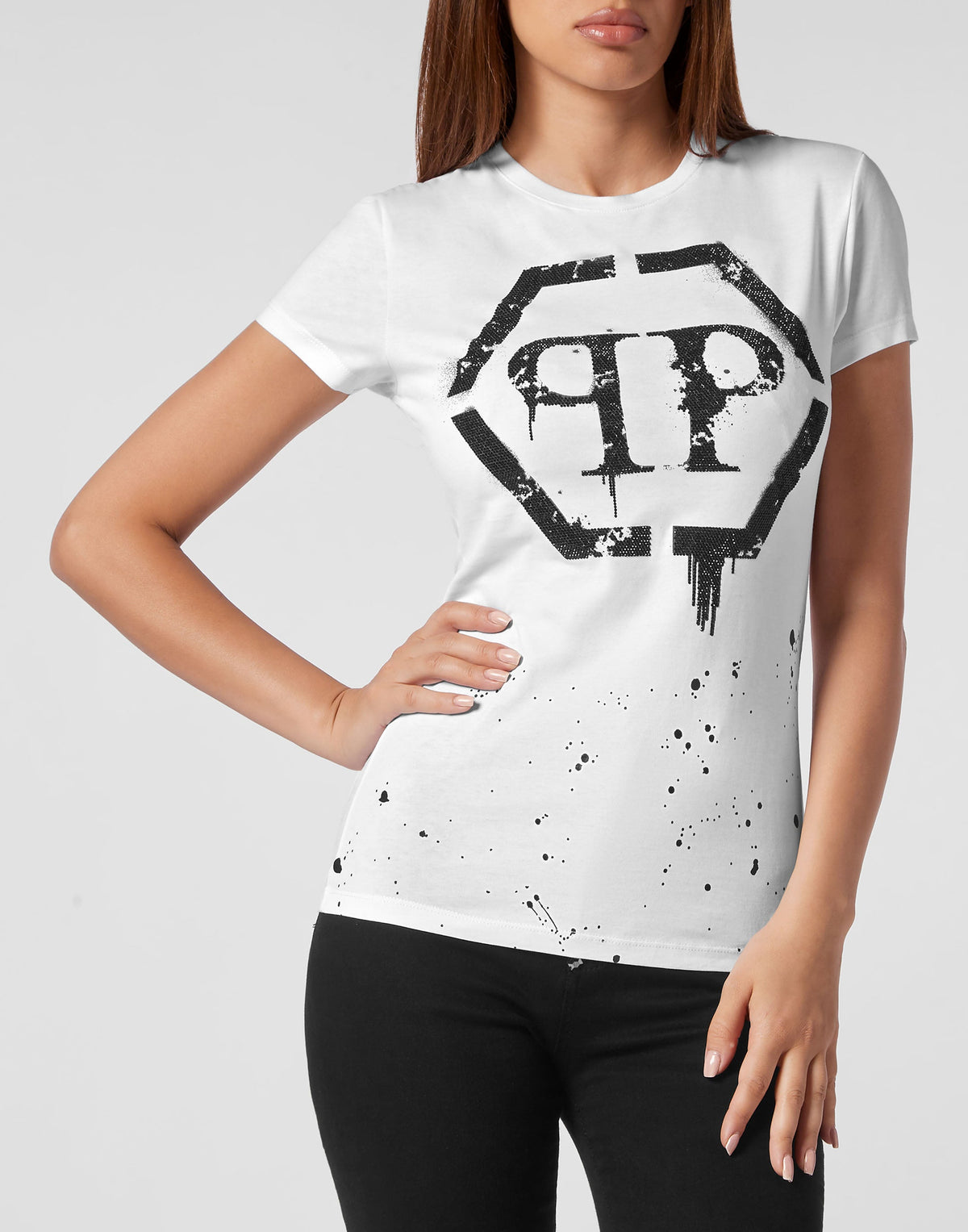 Philipp Plein｜T-shirt Round Neck Sexy Pure Fit Hexagon white Women's T-Shirt