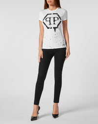 Philipp Plein｜T-shirt Round Neck Sexy Pure Fit Hexagon white Women's T-Shirt