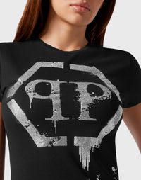 Philipp Plein｜T-shirt Round Neck Sexy Pure Fit Hexagon black Women's T-Shirt