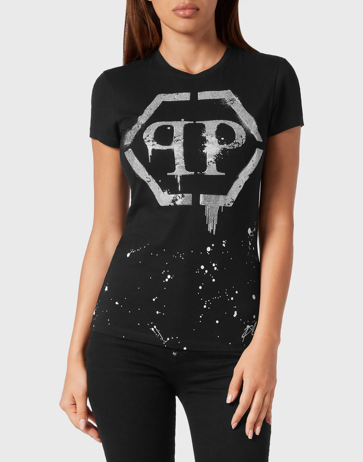 Philipp Plein｜T-shirt Round Neck Sexy Pure Fit Hexagon black Women's T-Shirt
